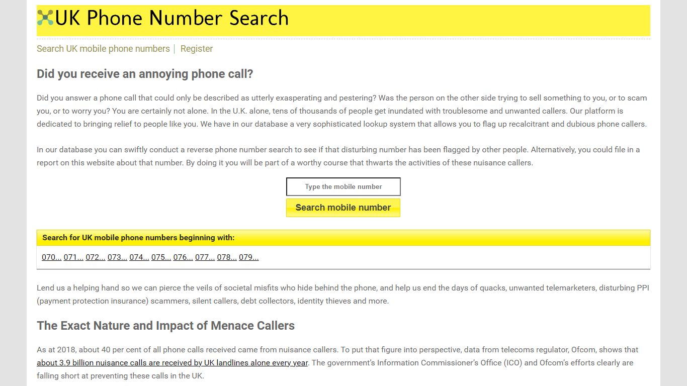 Search UK's mobile phone numbers